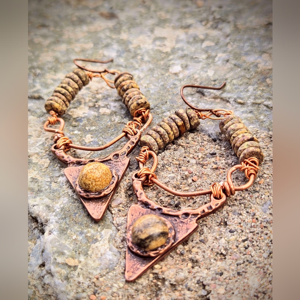 Prehistoric Primitive Picture Jasper In Handwired Antique Copper Earrings